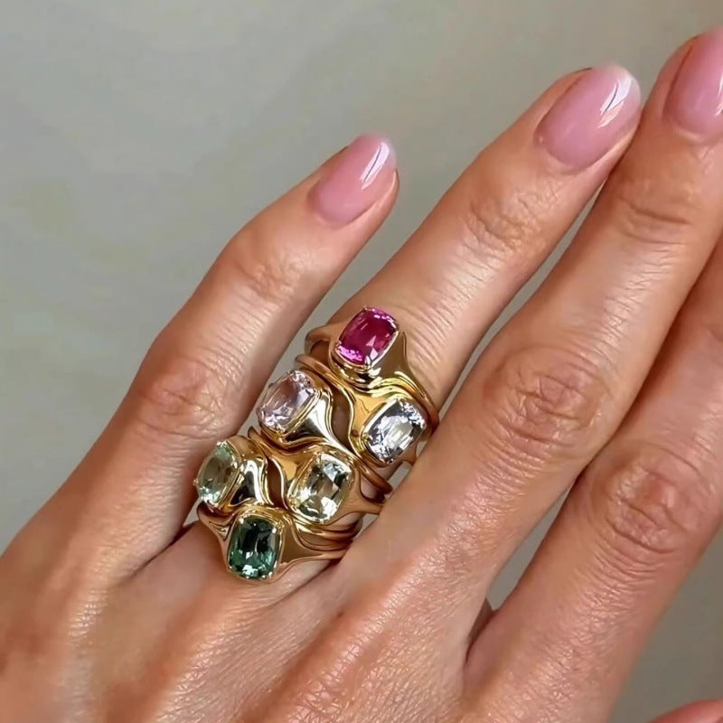Colorful Gem Sparking Zirconium Ring Niche Mid-Ancient Opening Adjustable