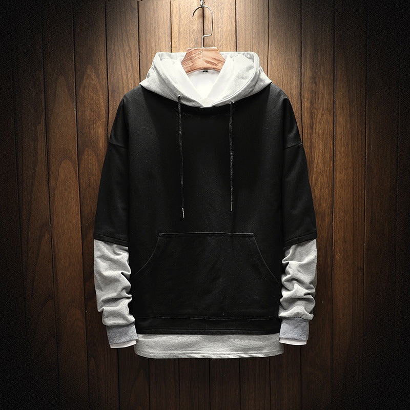 Men's pullover sweater hooded solid color stitching large size loose youth sweater