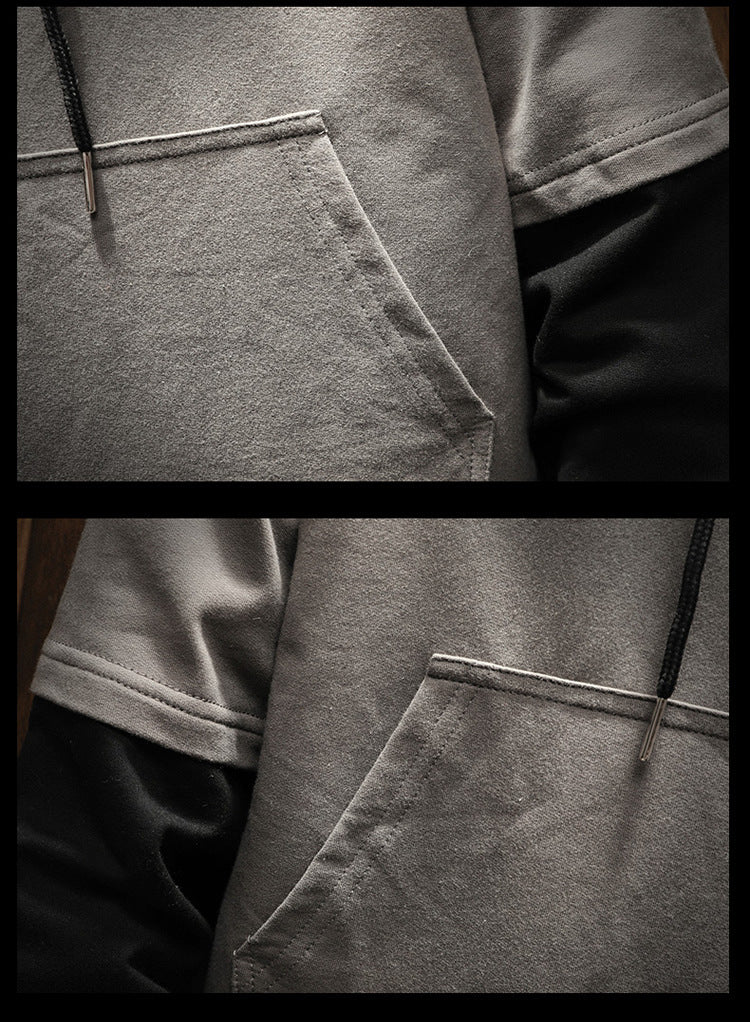 Men's pullover sweater hooded solid color stitching large size loose youth sweater