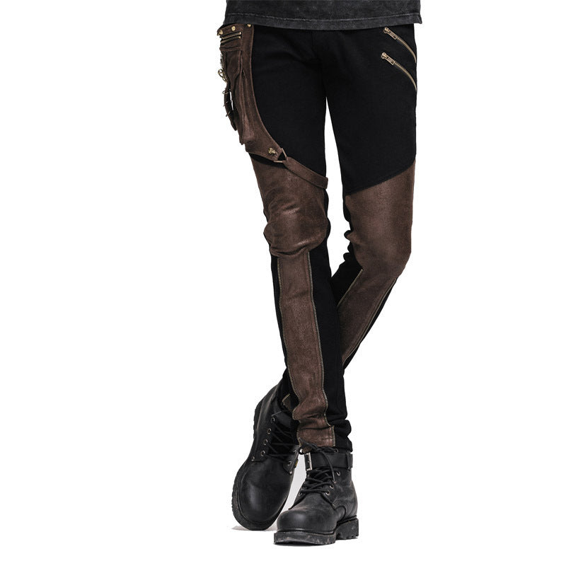 Stitching gear zipper leather pants black slim men's pant