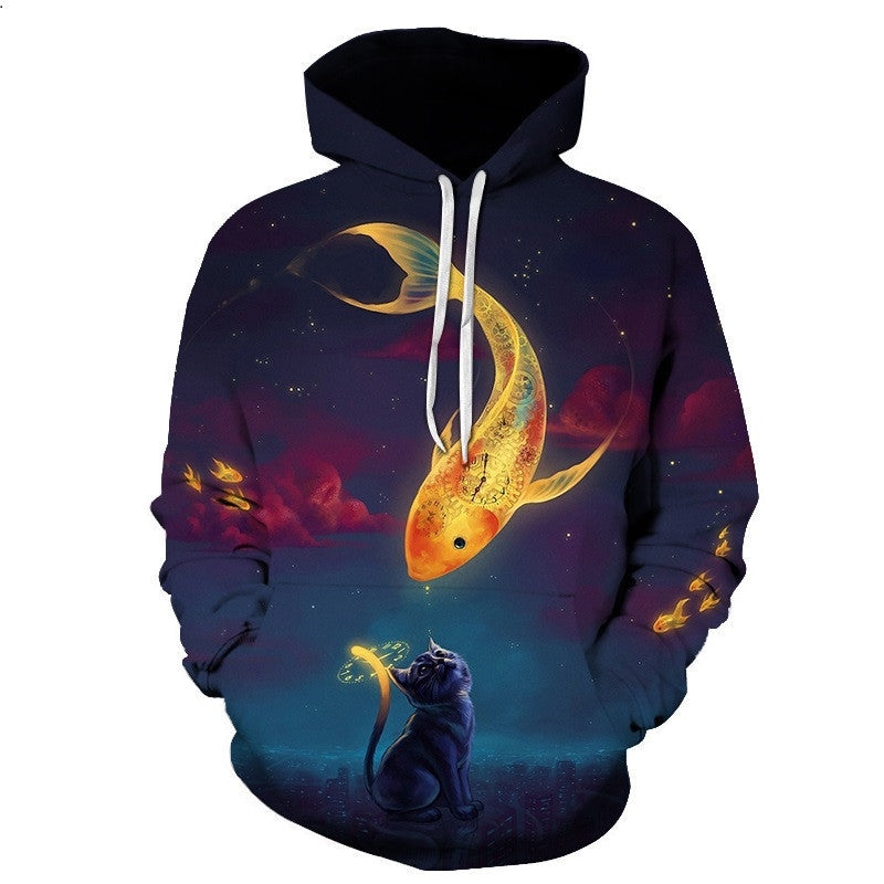 Digital Print Goldfish And Cat Men's Hooded Sweatshirt