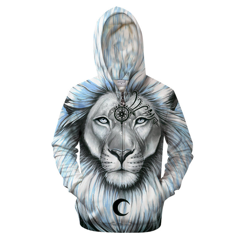 European and American Lion Wolf Moon Print Zip Hoodie