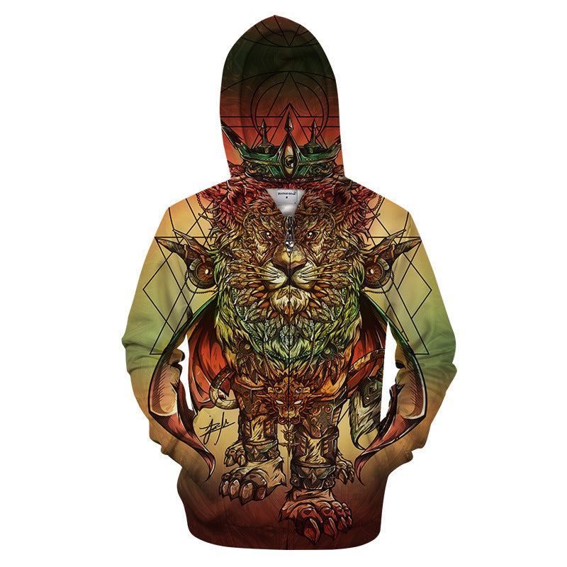 European and American Lion Wolf Moon Print Zip Hoodie