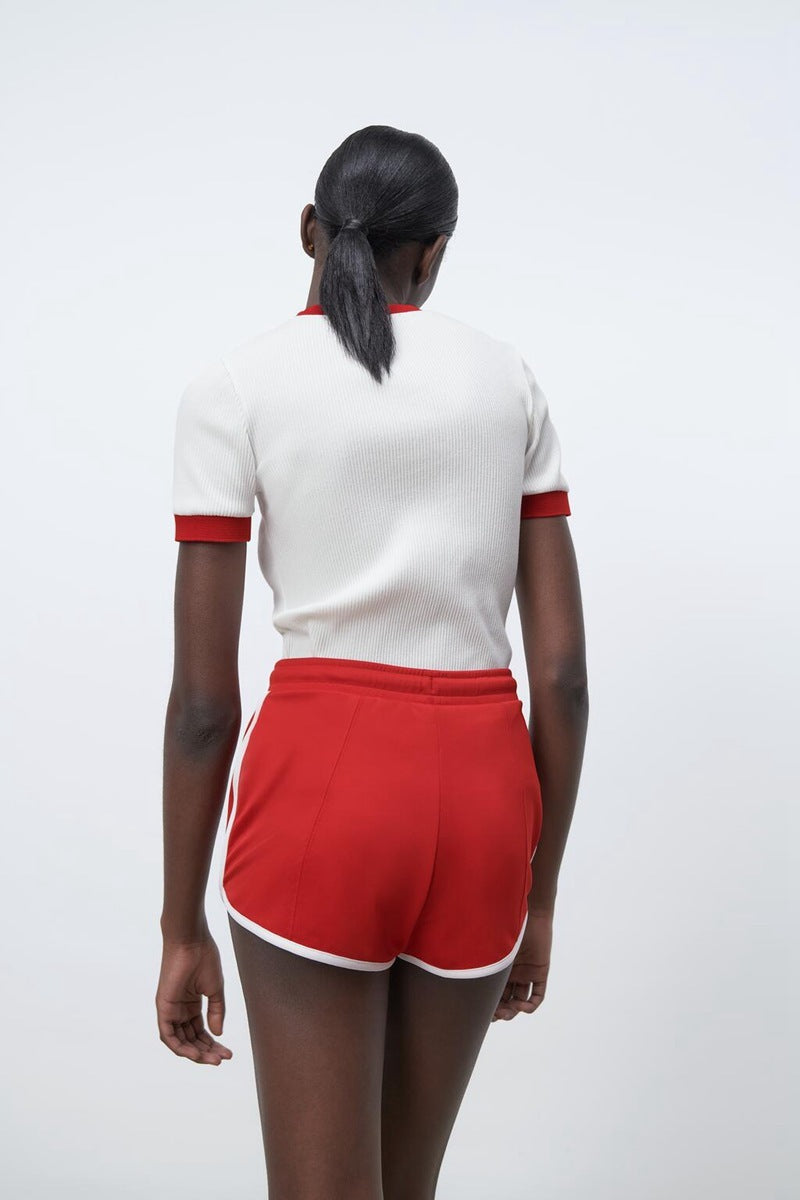 European And American Women's Autumn And Winter New Youth High Waist Elastic Waist Stitching Casual Shorts Women Ribbed T-shirt Set