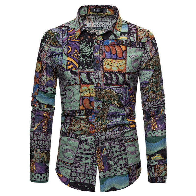 New Shirt Ethnic Style Floral Print Men's Casual Long Sleeved
