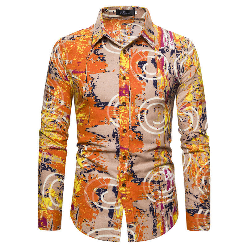 New Shirt Ethnic Style Floral Print Men's Casual Long Sleeved
