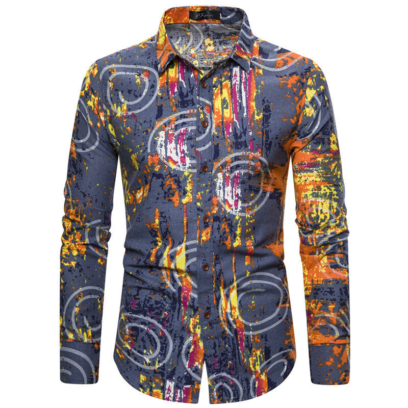 New Shirt Ethnic Style Floral Print Men's Casual Long Sleeved