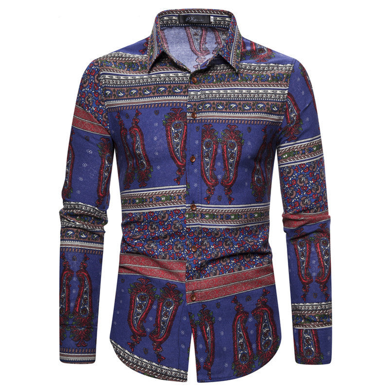 New Shirt Ethnic Style Floral Print Men's Casual Long Sleeved