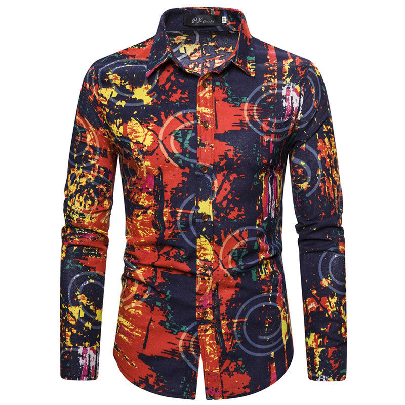 New Shirt Ethnic Style Floral Print Men's Casual Long Sleeved