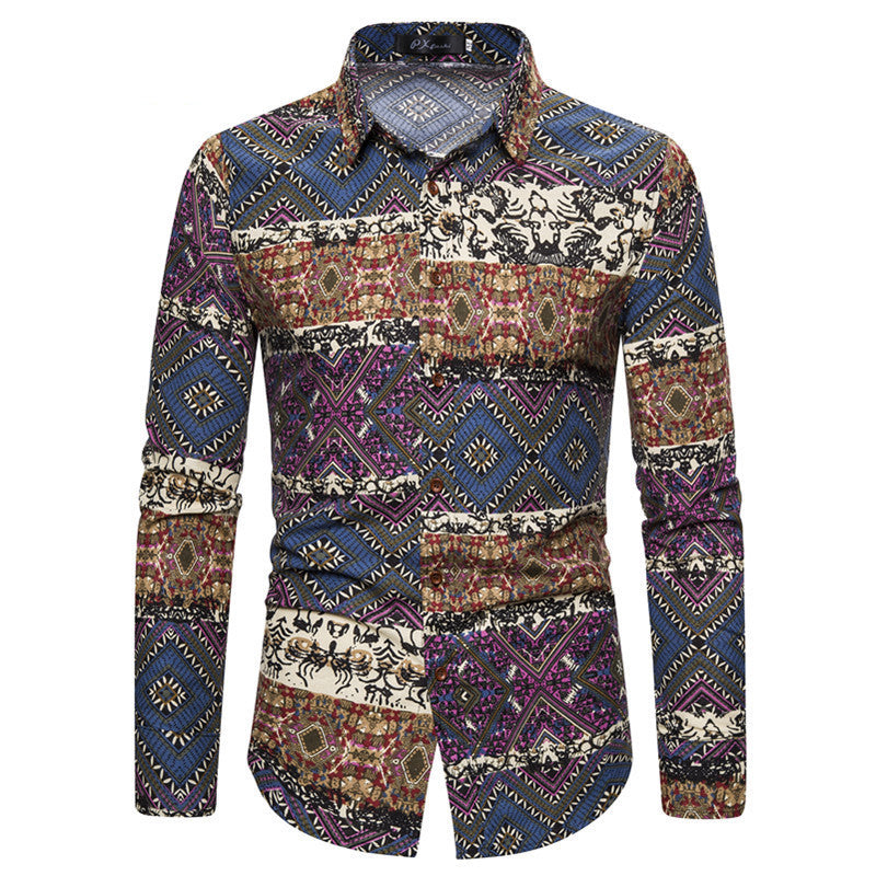 New Shirt Ethnic Style Floral Print Men's Casual Long Sleeved