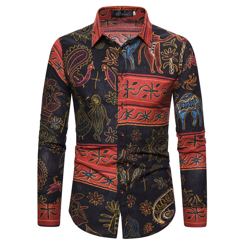 New Shirt Ethnic Style Floral Print Men's Casual Long Sleeved