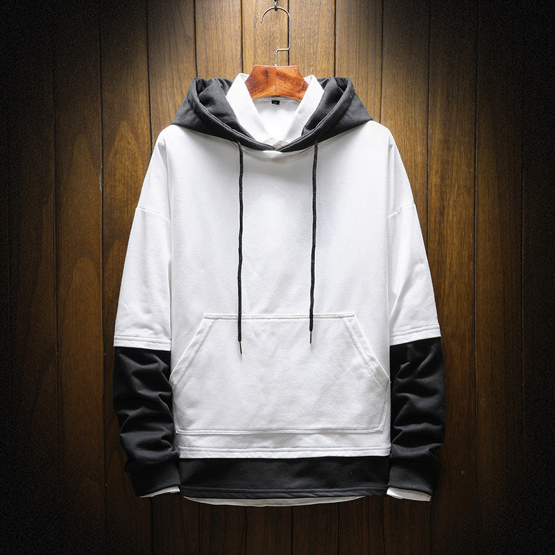 Men's pullover sweater hooded solid color stitching large size loose youth sweater