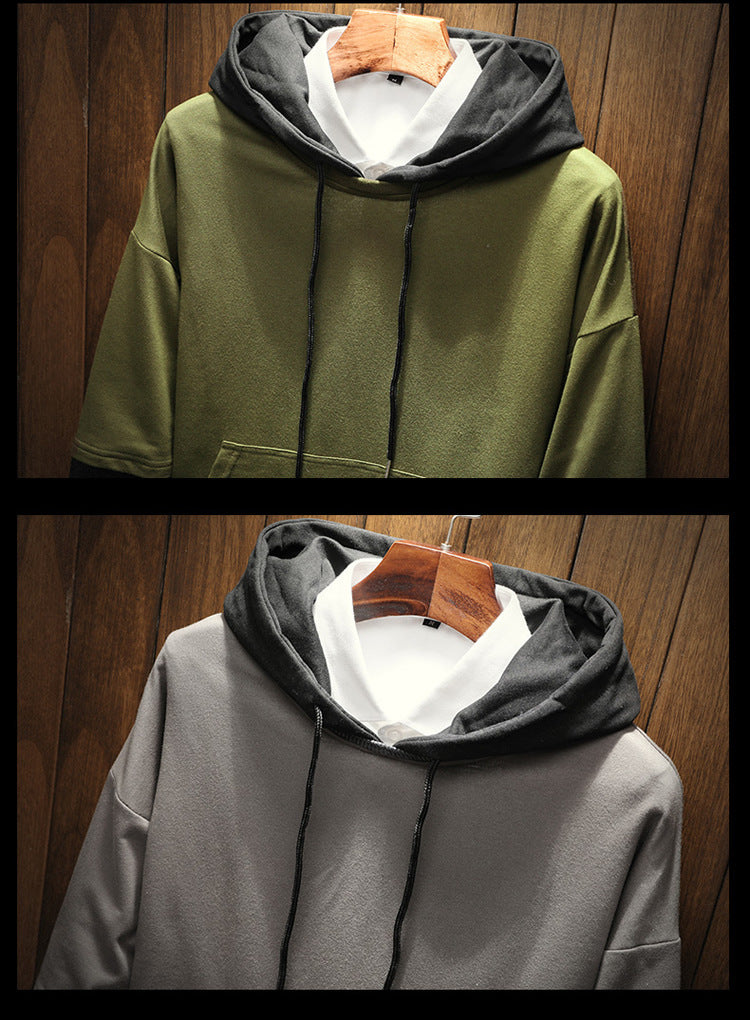 Men's pullover sweater hooded solid color stitching large size loose youth sweater