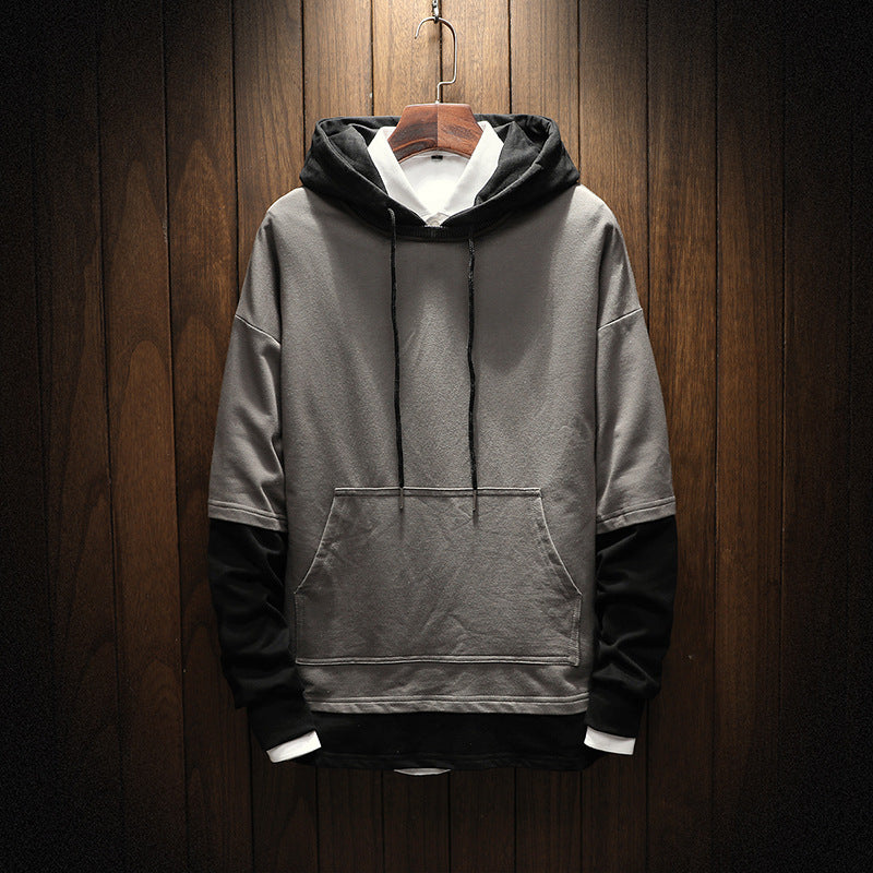 Men's pullover sweater hooded solid color stitching large size loose youth sweater