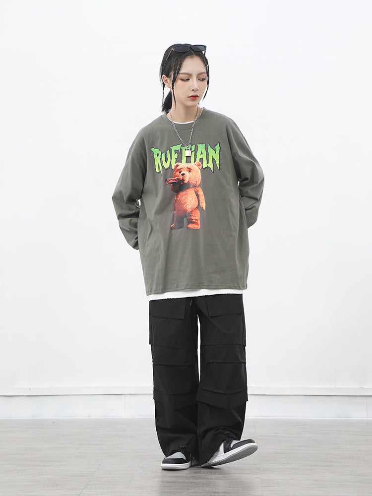 Japanese bear print long sleeve t-shirt men