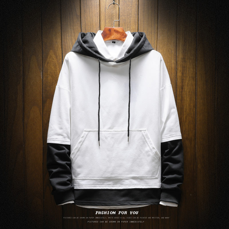 Men's pullover sweater hooded solid color stitching large size loose youth sweater
