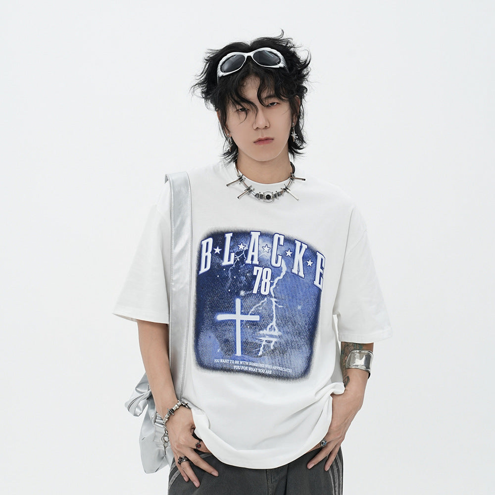 Fashion Cross Printed T-shirt Short Sleeve Men