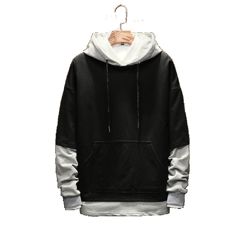 Men's pullover sweater hooded solid color stitching large size loose youth sweater