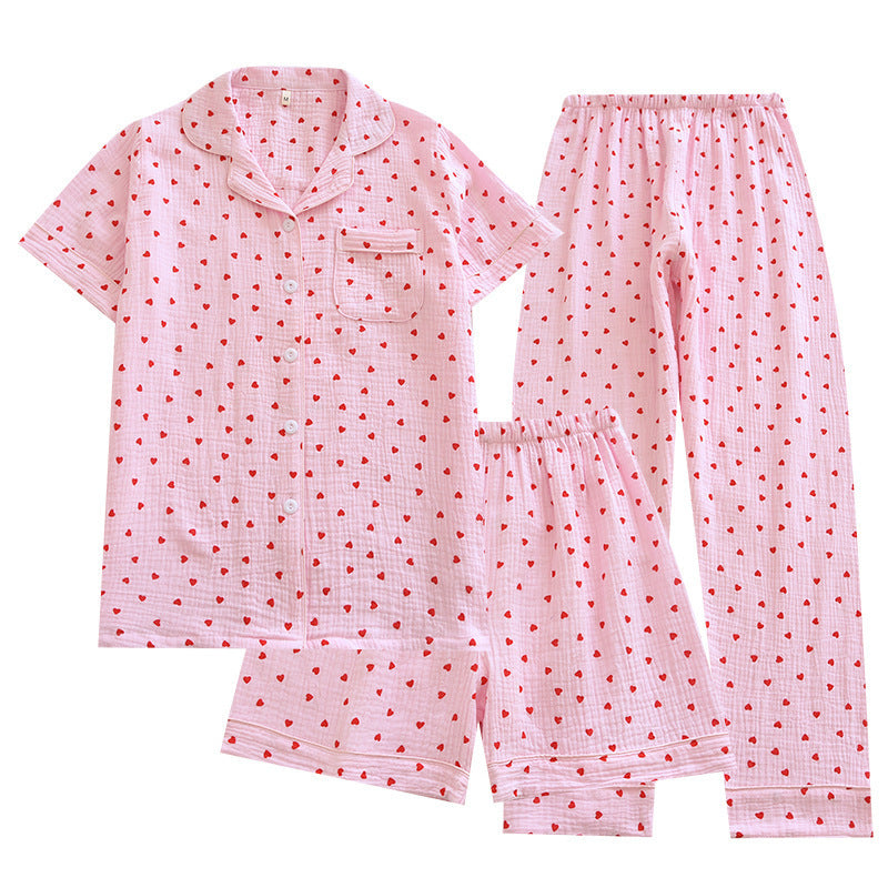 Small Heart Crepe Lapel Short-sleeved Shorts Trousers Three-piece Set For Women