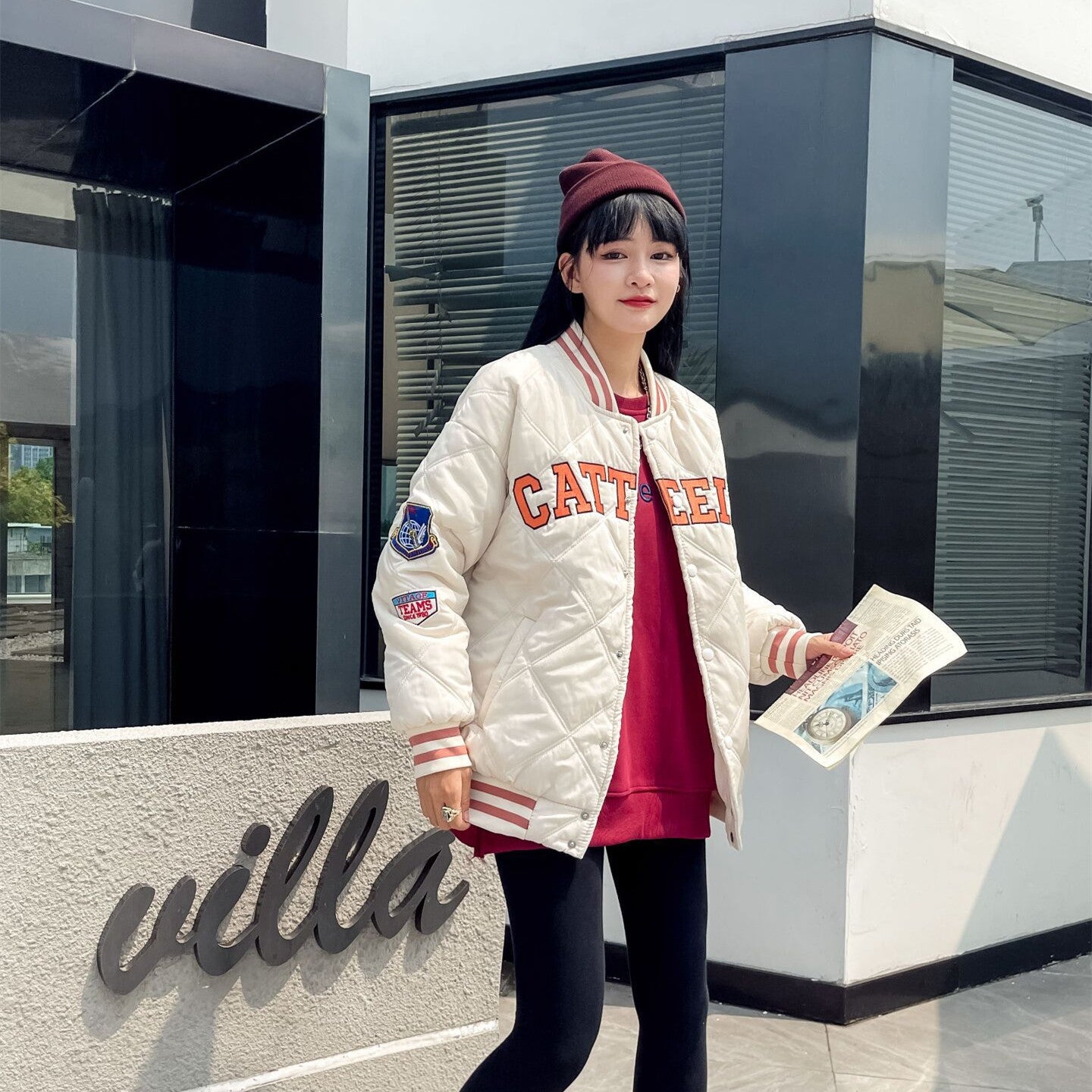 Embroidered Preppy Padded Padded Jacket