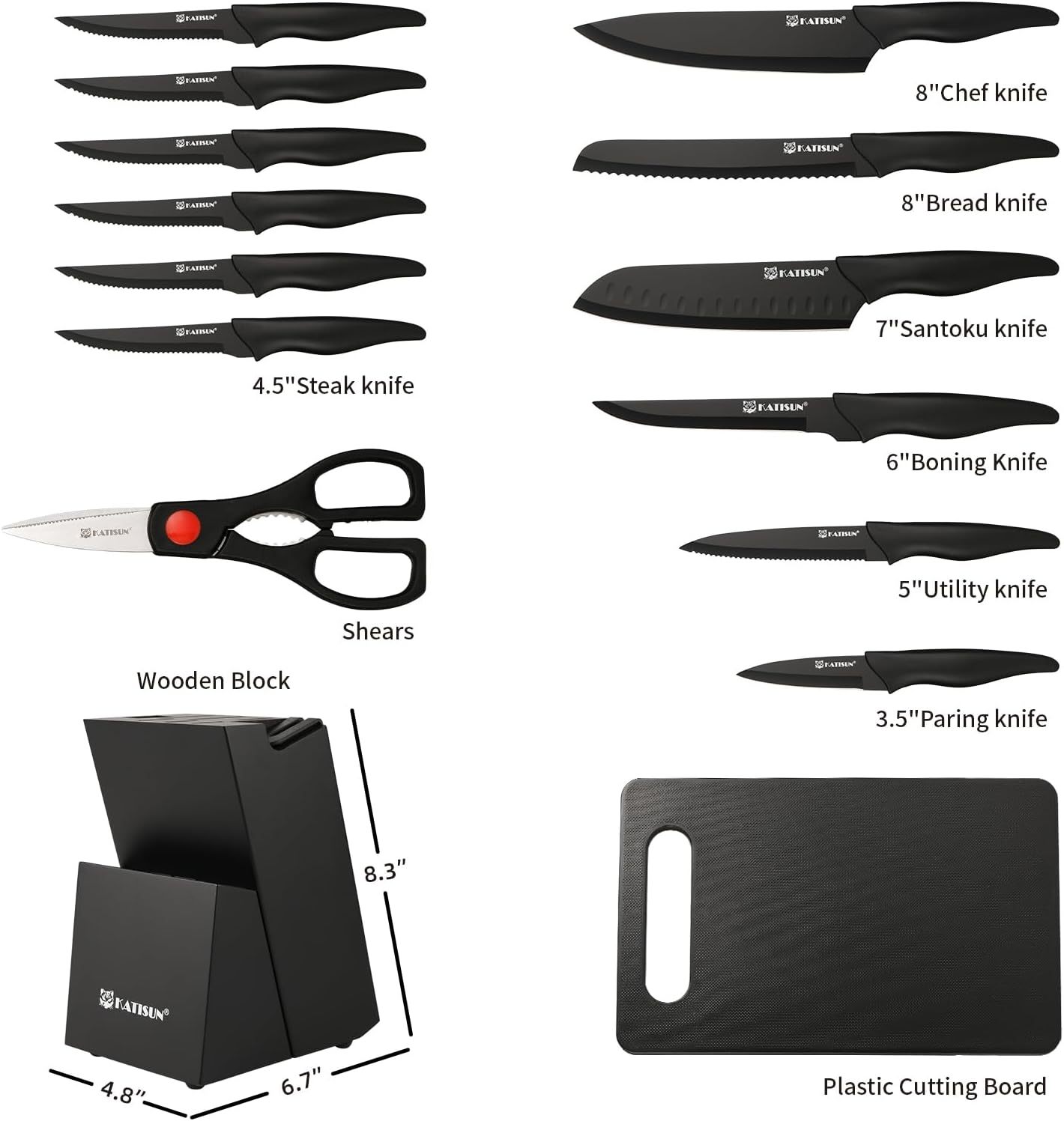 German High Quality Stainless Steel 16 Piece Kitchen Knife Set With Cutting Board Built-in Knife Sharpener Dishwasher Safe 6 Steak Knives Non-slip Handles