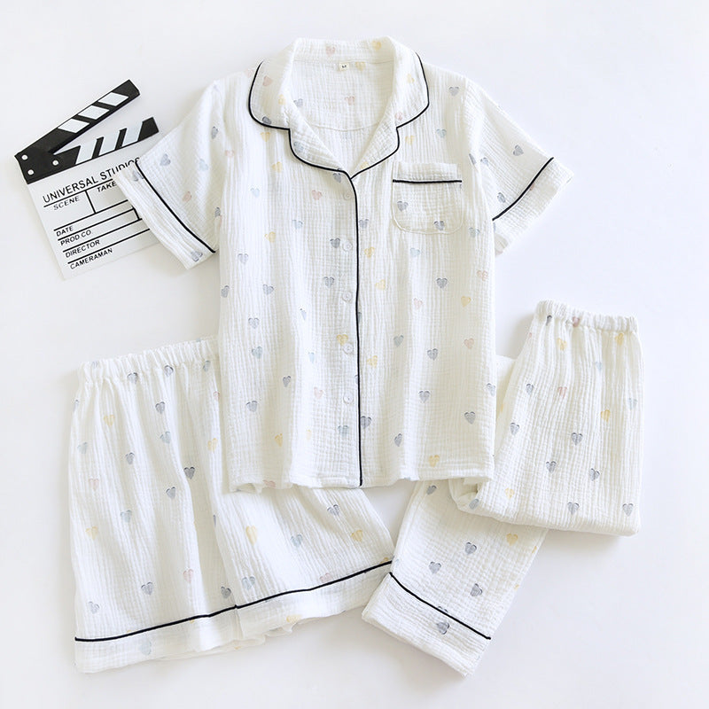 Small Heart Crepe Lapel Short-sleeved Shorts Trousers Three-piece Set For Women