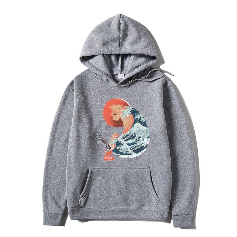Male And Female Personality Funny Cat Printing Drawstring Hoodie