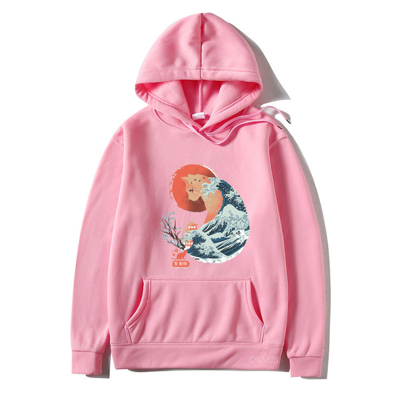 Male And Female Personality Funny Cat Printing Drawstring Hoodie