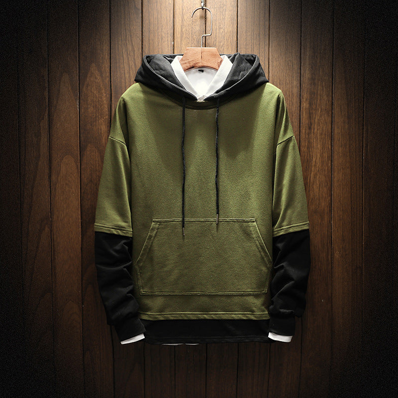 Men's pullover sweater hooded solid color stitching large size loose youth sweater