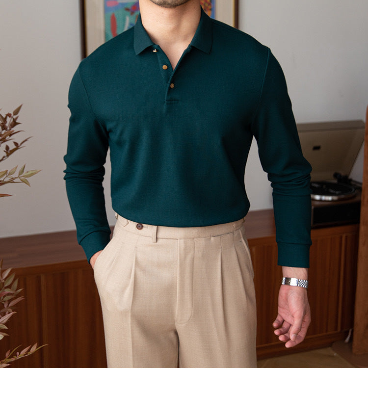 New Solid Color Retro Slim-fit Long-sleeved Polo Shirt
