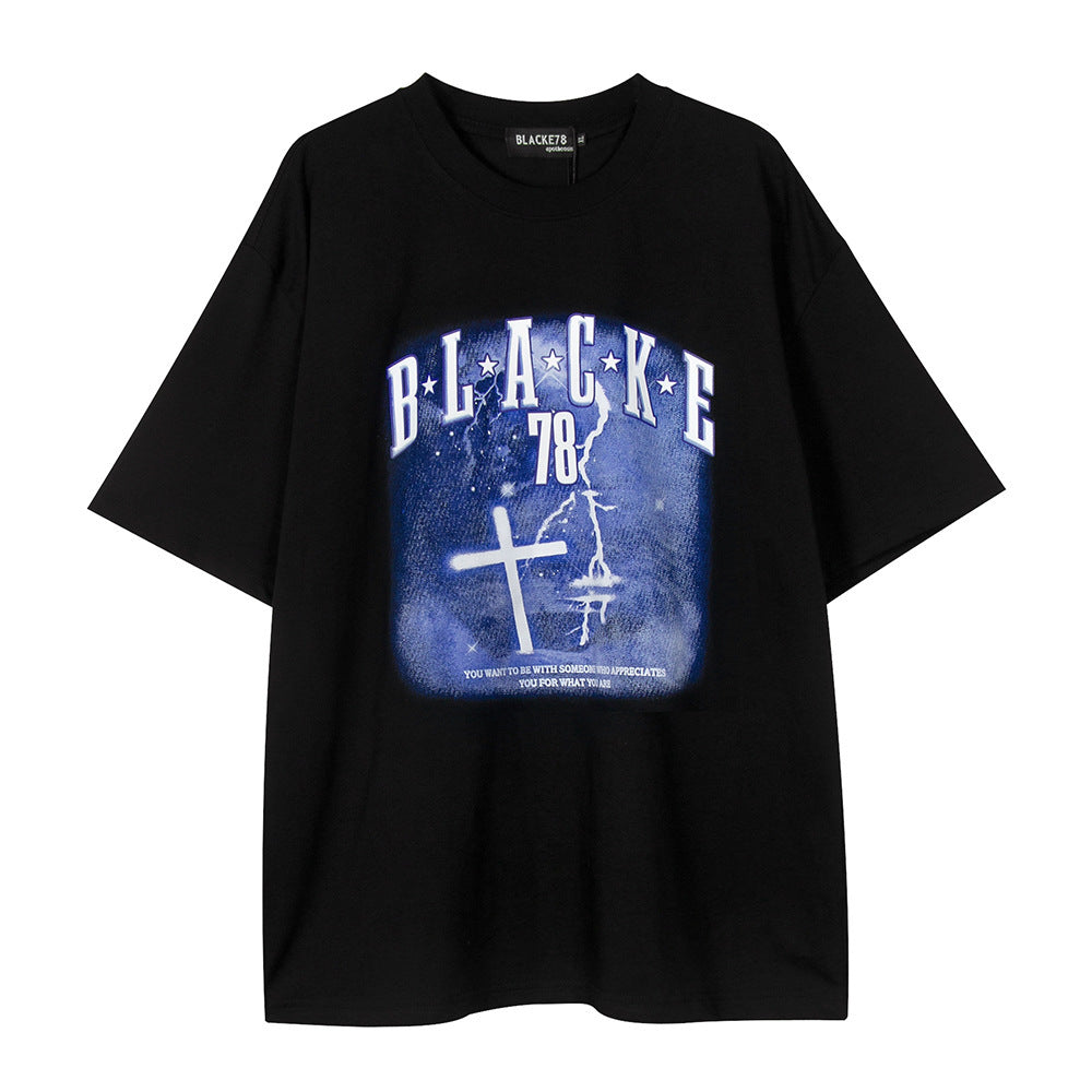 Fashion Cross Printed T-shirt Short Sleeve Men