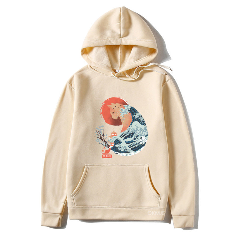 Male And Female Personality Funny Cat Printing Drawstring Hoodie