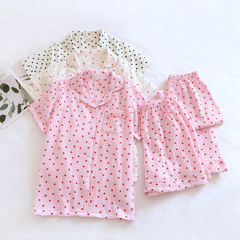 Small Heart Crepe Lapel Short-sleeved Shorts Trousers Three-piece Set For Women
