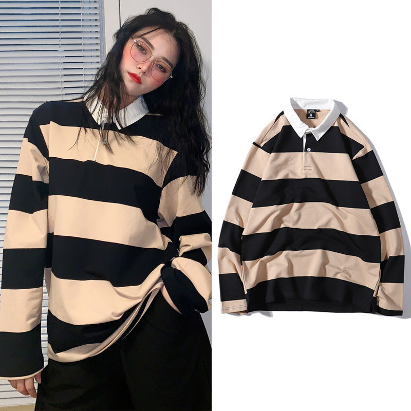 Striped Lapel Sweater Long-sleeved T-shirt Men