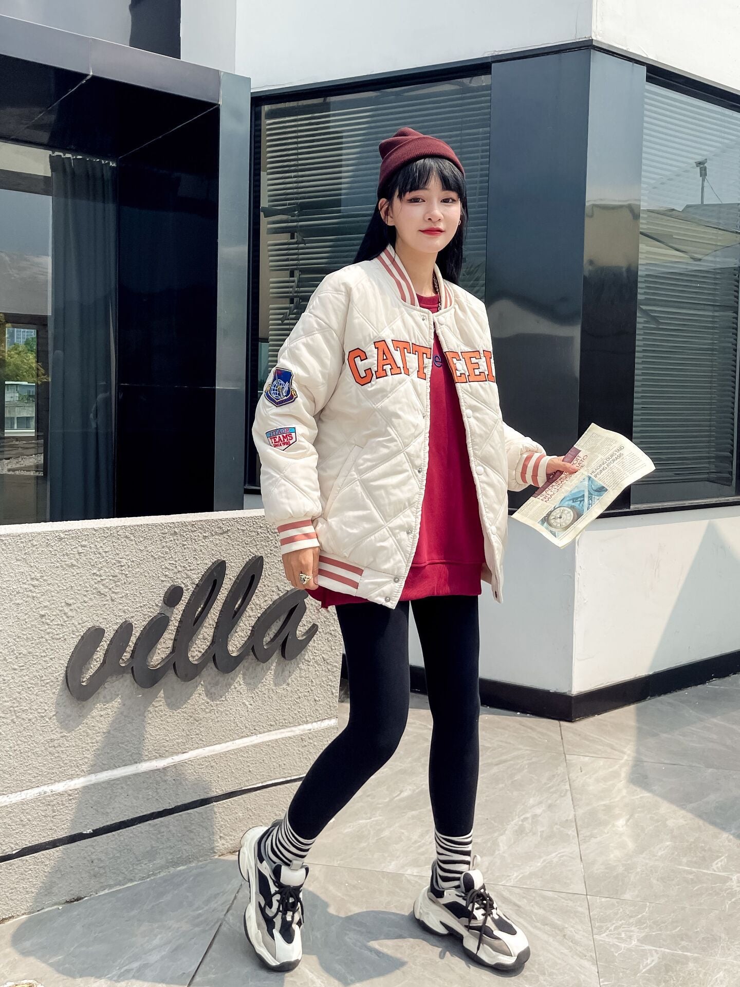 Embroidered Preppy Padded Padded Jacket