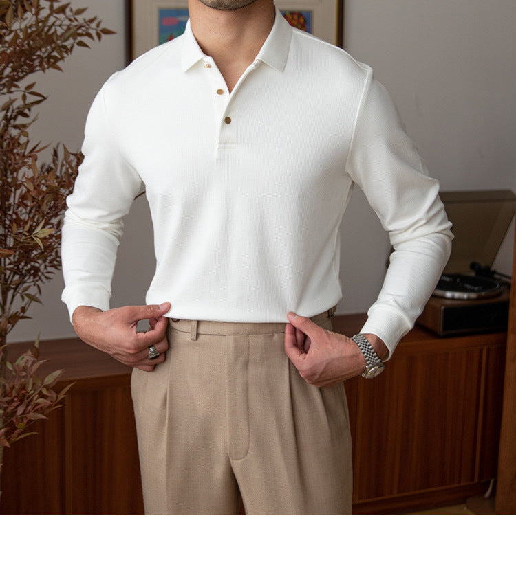 New Solid Color Retro Slim-fit Long-sleeved Polo Shirt