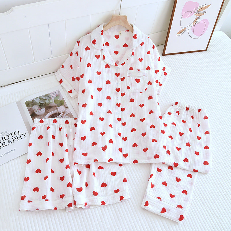 Small Heart Crepe Lapel Short-sleeved Shorts Trousers Three-piece Set For Women