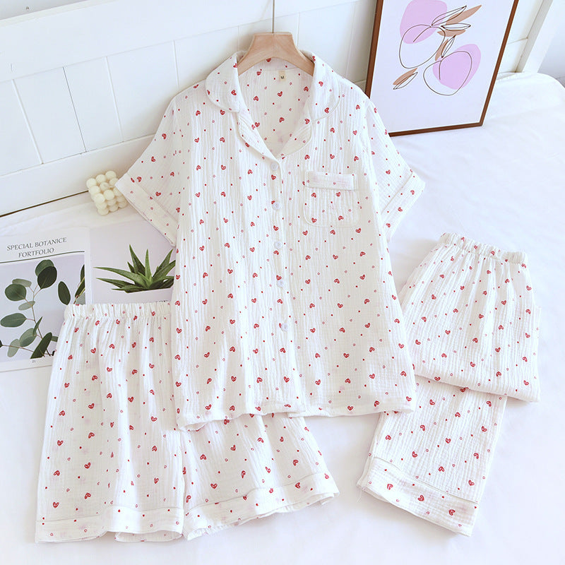 Small Heart Crepe Lapel Short-sleeved Shorts Trousers Three-piece Set For Women