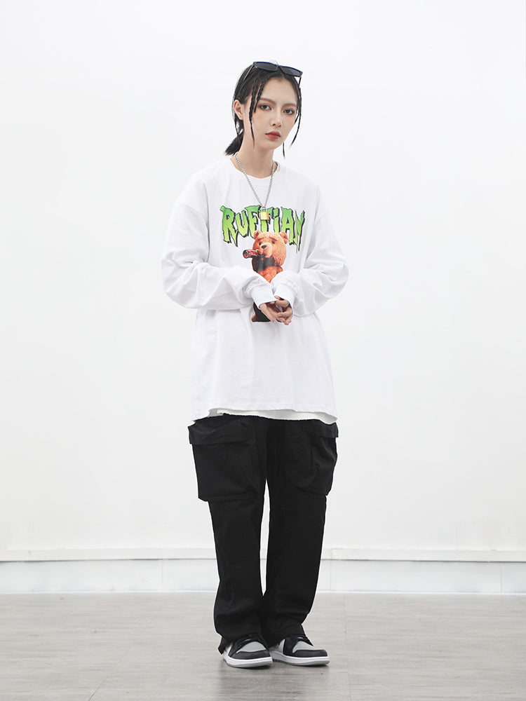 Japanese bear print long sleeve t-shirt men