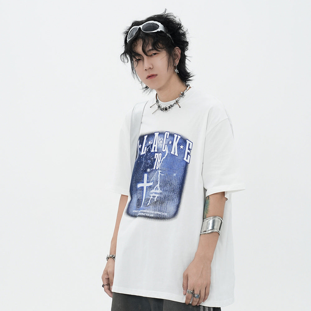 Fashion Cross Printed T-shirt Short Sleeve Men