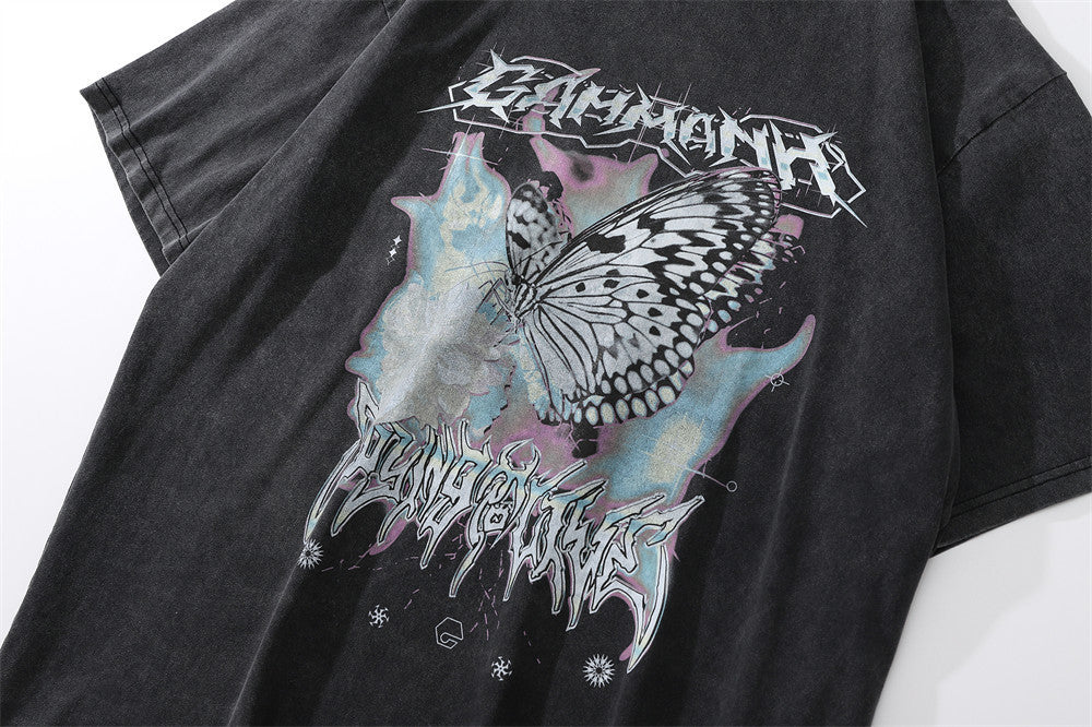 Butterfly Print Washed Distressed T-shirt For Men