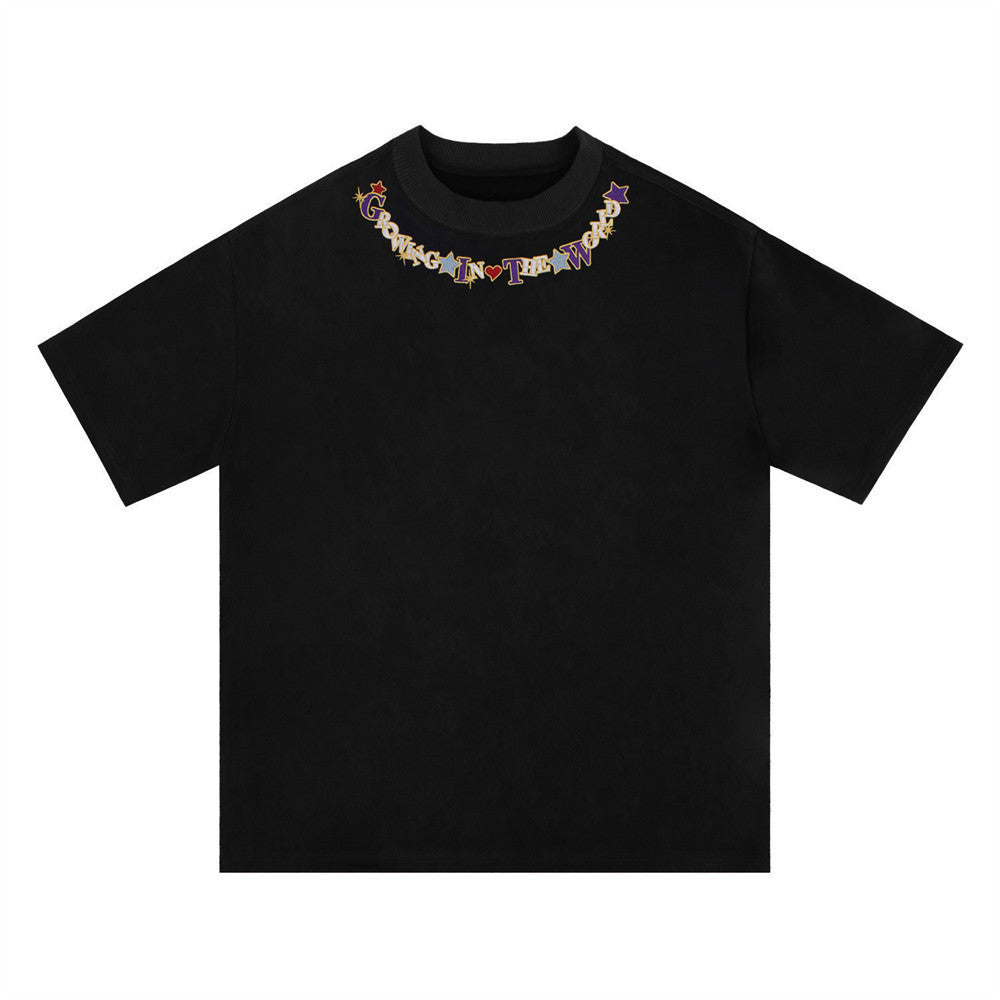 Embroidered Letter Crew Neck T-shirt Men