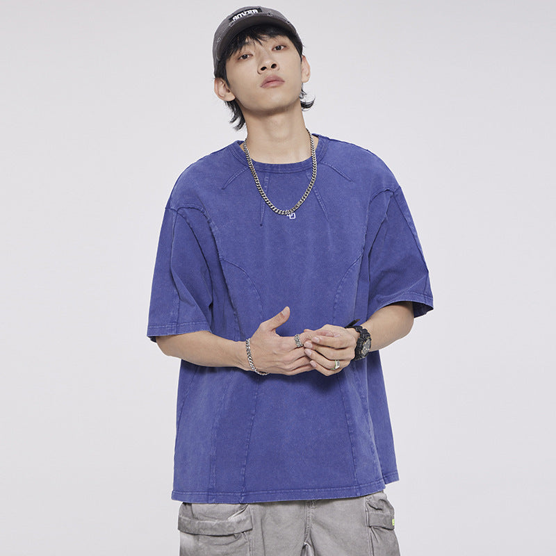 American Washed Patchwork Short-sleeved T-shirt Men