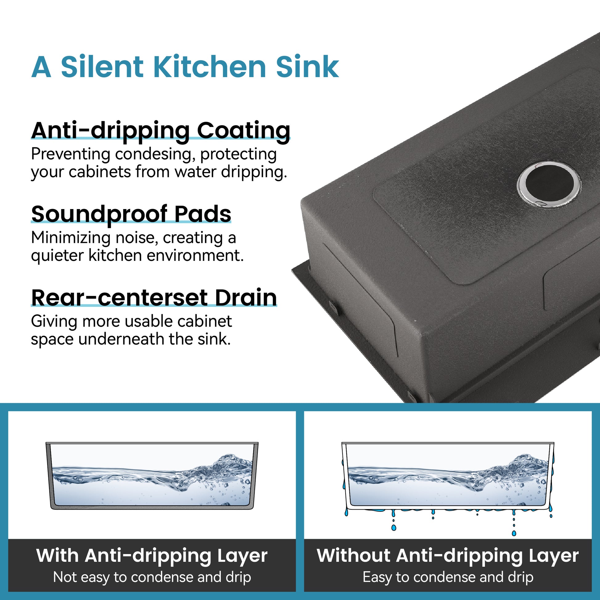 Stainless Steel Kitchen Sink, Single Bowl, Undermount Handmade Sink In Black, With US Standard Drain And Hook, LS-SSBL02