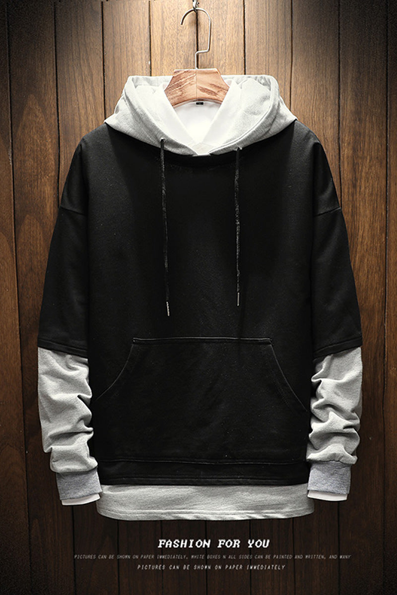 Men's pullover sweater hooded solid color stitching large size loose youth sweater