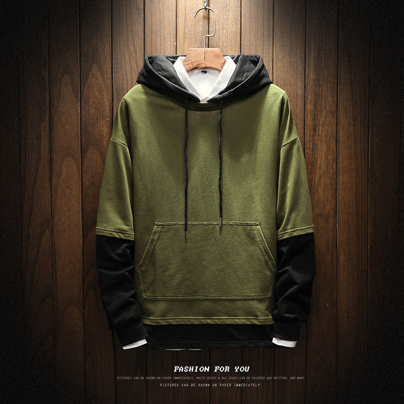 Men's pullover sweater hooded solid color stitching large size loose youth sweater