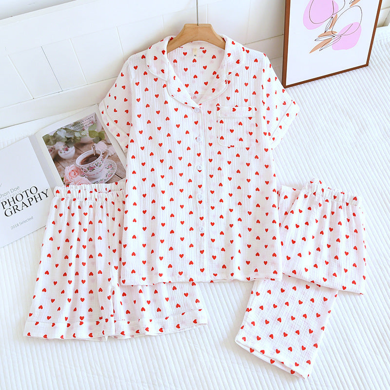 Small Heart Crepe Lapel Short-sleeved Shorts Trousers Three-piece Set For Women