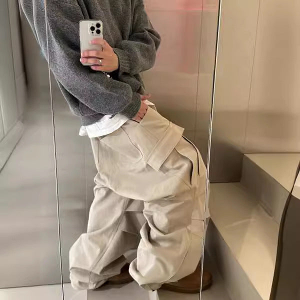 Loose Wide Leg Slightly Flared Profile Pleated Side Zipper Multi-pocket Cargo Pants