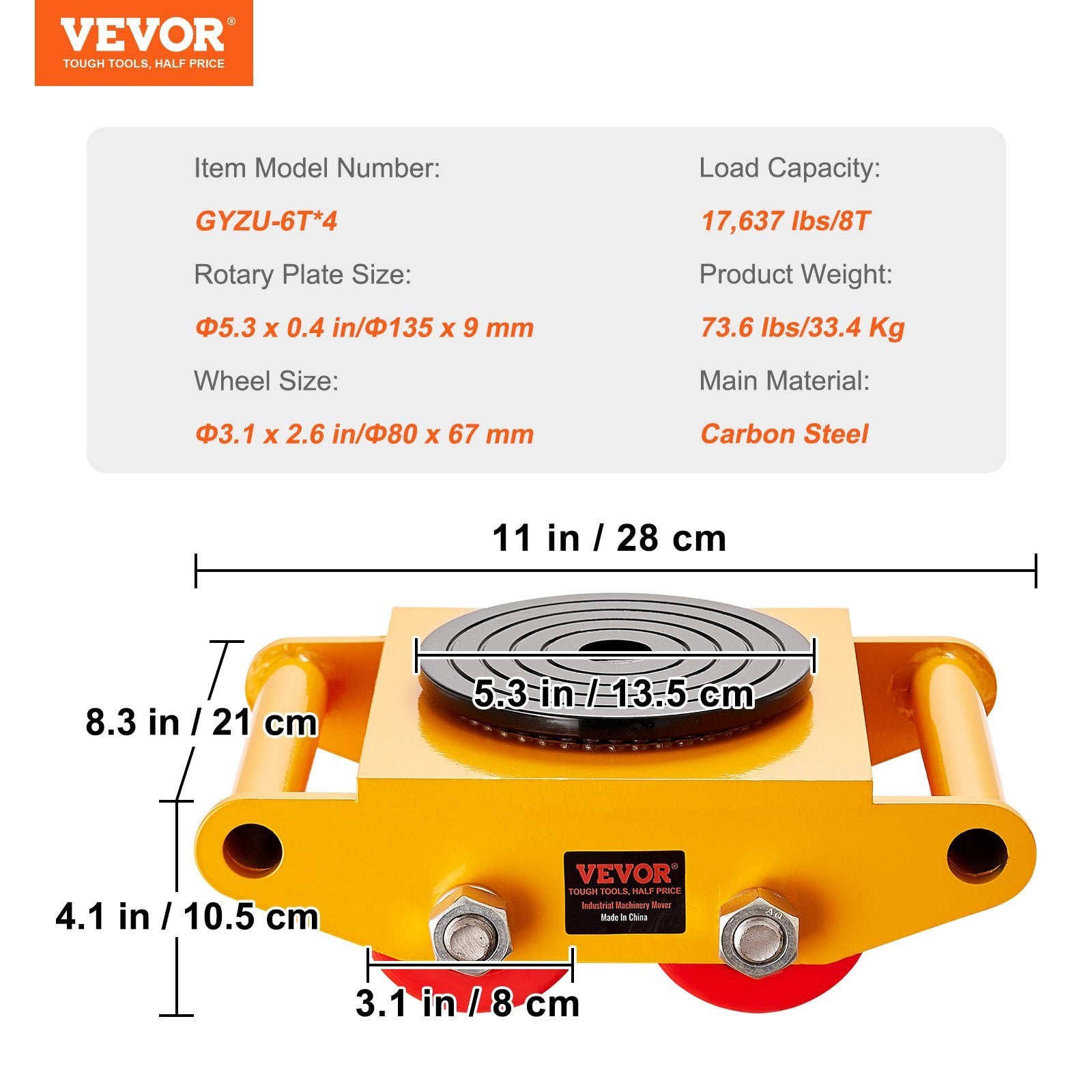 VEVOR 4PCS Machinery Skate Dolly, 17637 LBS 8T Industrial Machinery Mover, Heavy Duty Carbon Steel Machinery Moving Skate With 4 PU Wheels And Rotation Non-Slip Cap For Warehouse, Workshop, Facto