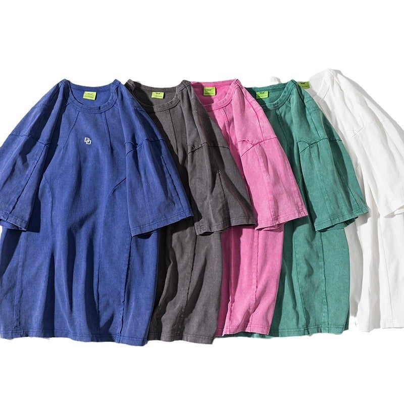 American Washed Patchwork Short-sleeved T-shirt Men